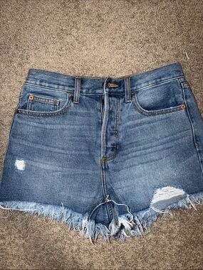 High-Rise Distressed Denim Cutoff Shorts - Blue Small